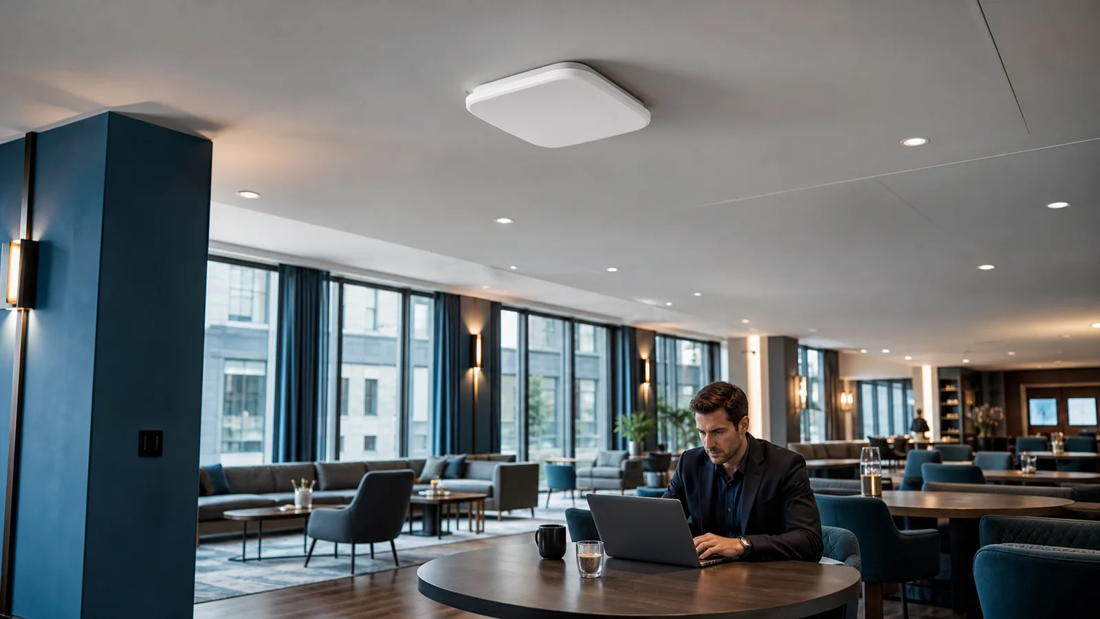Access point Wi-Fi terpasang di plafon kantor modern