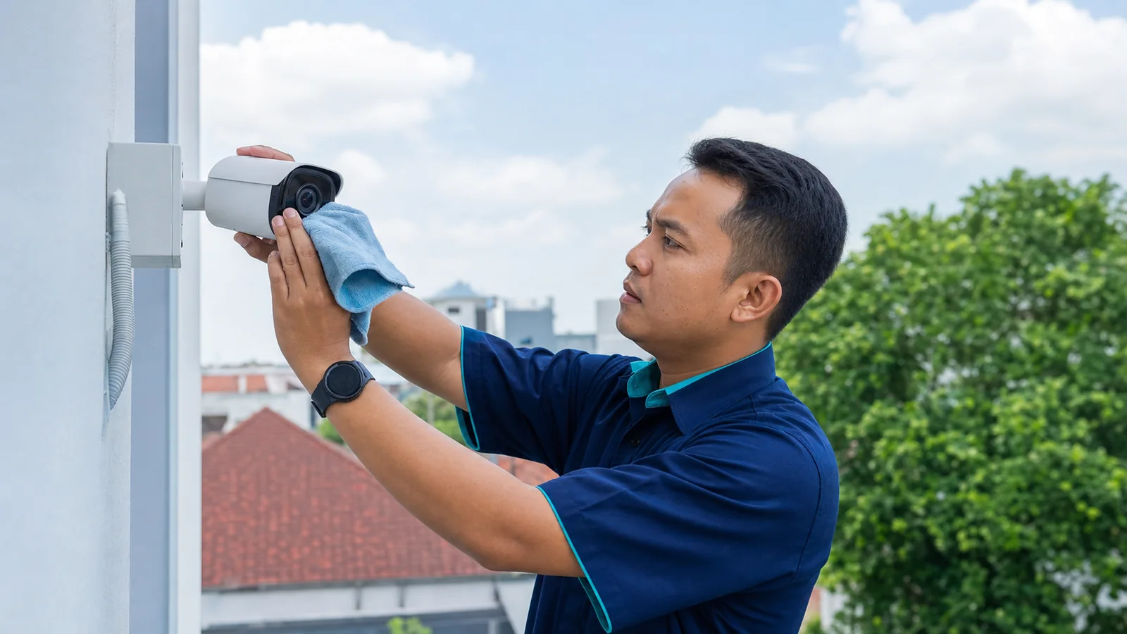 Teknisi membersihkan dan merawat kamera CCTV outdoor