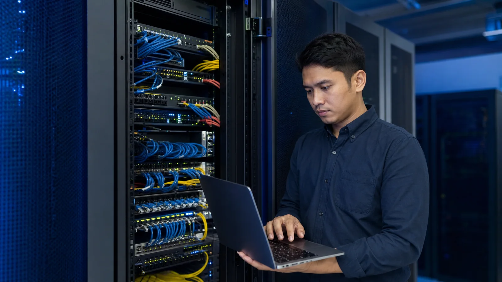 Teknisi mengatur VLAN pada switch jaringan kantor